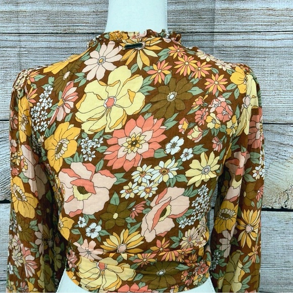 Billabong X The Salty Blonde Brown Floral Ruffled Tie-Front Blouse Size M - Picture 6 of 12